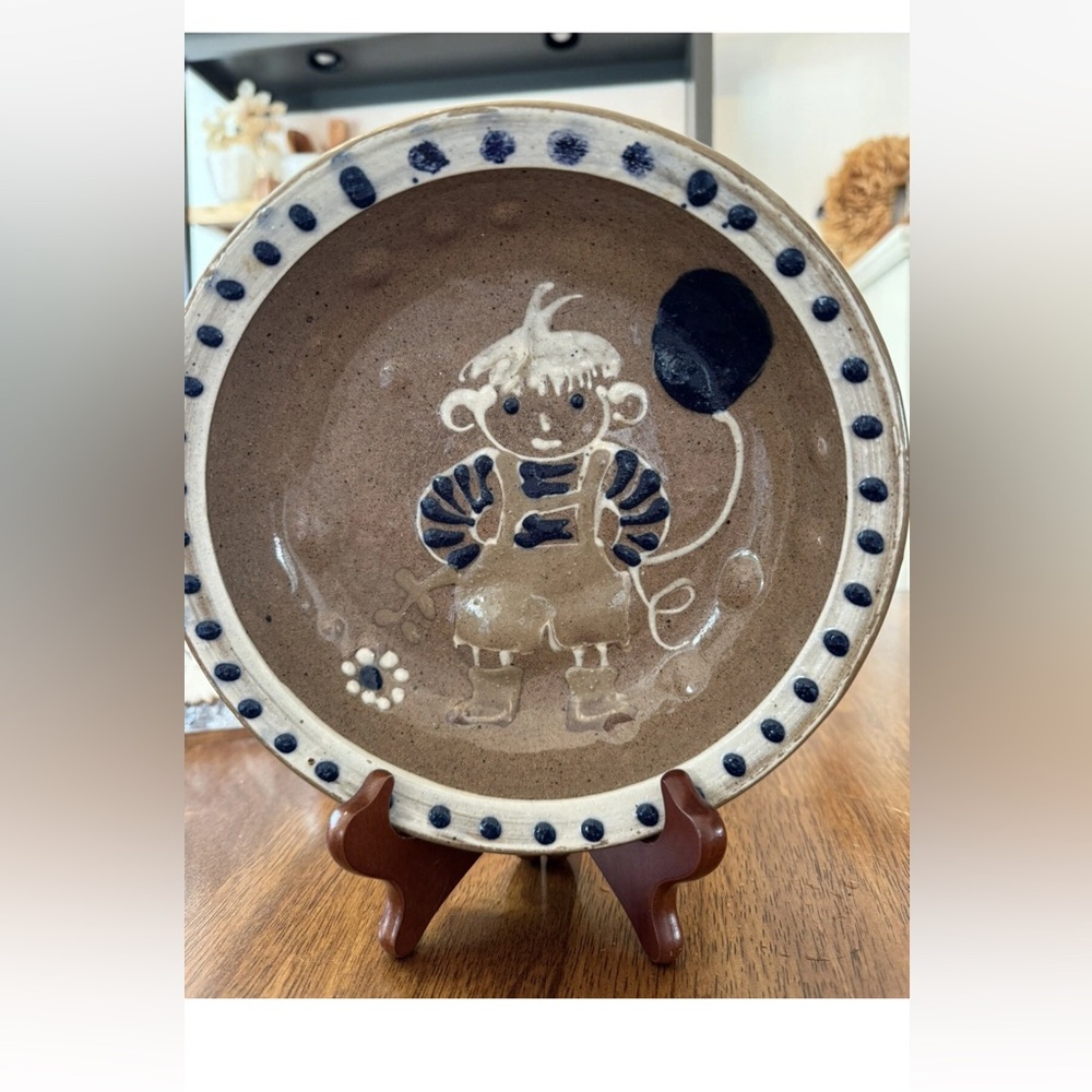 Redware German Folk Art Decorated Dish Plate Boy Excellent Signed Collector